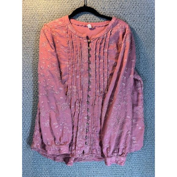 Anthropologie Pilcro Jolie Pintuck Blouse In Mauve Pink Embroidery Boho XL - Picture 2 of 14